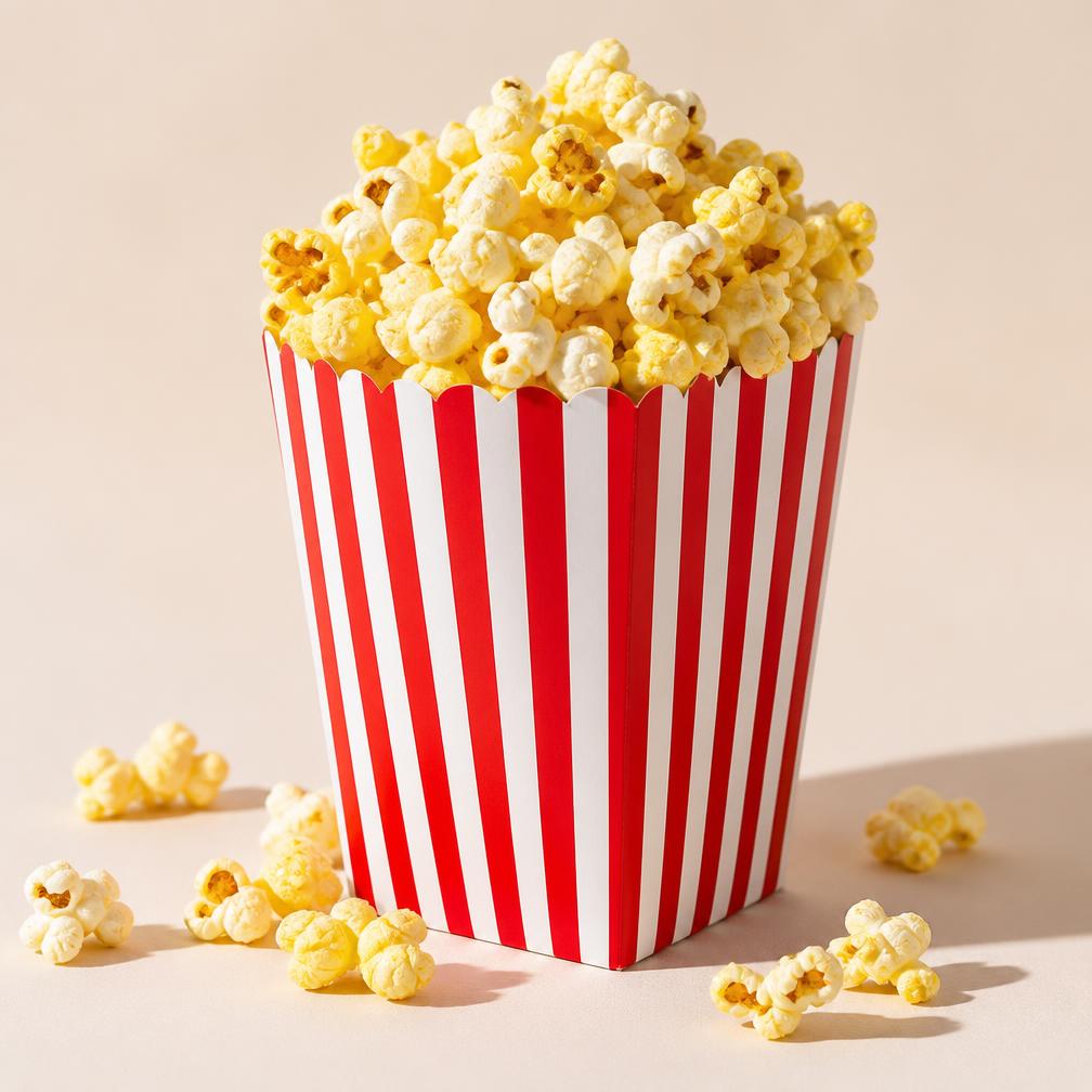 Fresh popcorn in a striped bag